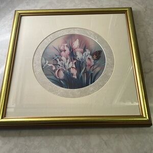 Floral signed vintage print framed, double mat Wall Art